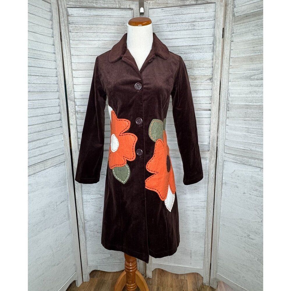 Y Apparel Long Brown Coat with Flowers Women's Size Small